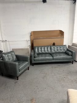 (Free Delivery) Harstine Green Leather Sofa Couch and Chair Set