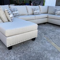 Double Chaise Sectional W Nail Heads Beige Color 