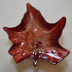 Iridescent burnt orange. Metallic Autumn Maple Leaf art glass, 8" x 8" Dish