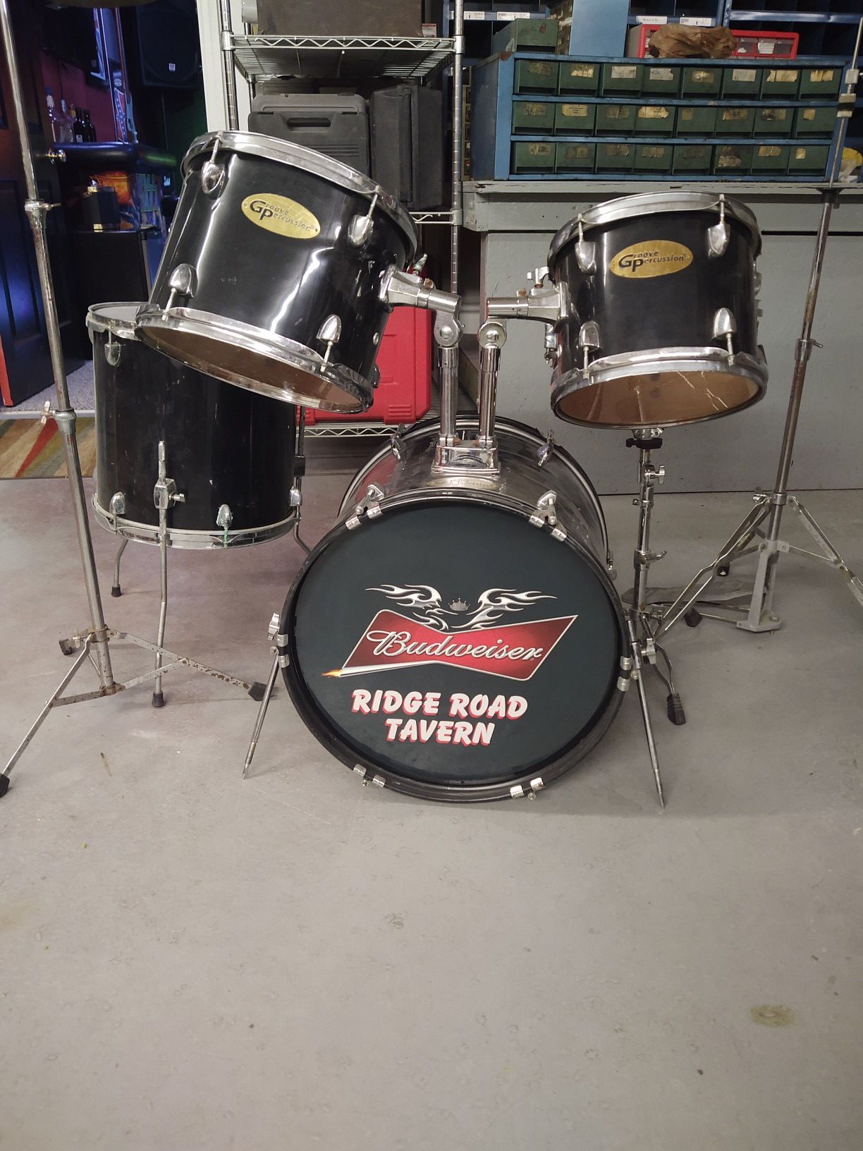 Five piece groove percussion drum set.