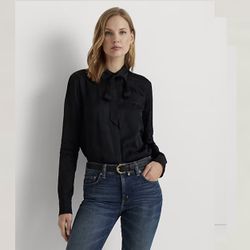 NWT Ralph Lauren Belting Motif Jacquard Tie Neck Black Shirt, Size XL