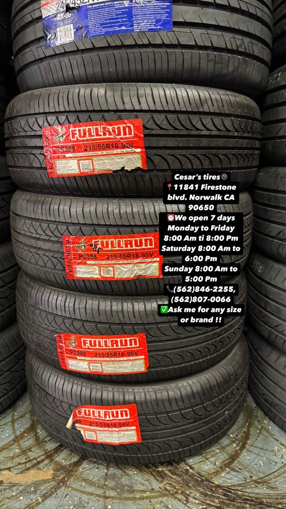 215/55R18 FULLRUN A SET OF FOUR NEW TIRES, INCLUDES MOUNTING AND BALANCING WITH WARRANTY, ASK ME FOR ANY SIZE OR BRAND, WE HAVE THE BEST PRICES!!