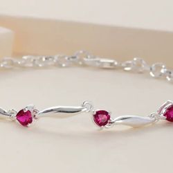 Ruby Heart Station Bracelet in Sterling Silver