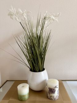Set of 3 staging items table top arrangement artificial flower plant and 2 scent candles