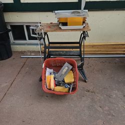 Small Tile Saw With Workbench And Tools.