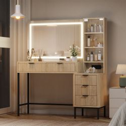 New EROMMY 48" Fluted Makeup Vanity Desk with 36" Large Mirror and Lights, Big Vanity Table with 5 Drawers, 3 Storage Shelves and Charging Station, Mo