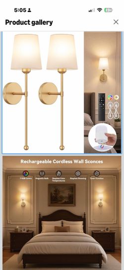 Battery Operated Wall Sconces, Gold, 2 Pack with Magnetic Bulbs,RF Remote 6000mAh*2,Stepless Dimming & Tunable Color Temp,7 RGB color,Timer & Memory, 