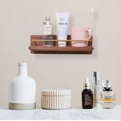 New in box Floating Wall Shelves for Bathroom No Drill Shelf Stick Adhesive Wood Towel Rack with Brass Bar (Walnut)