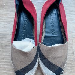 BURBERRY NOVA CANVAS ESPADRILLES - BROWN/RED Leather Size 37.5