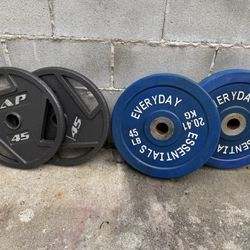Olympic Weights Pair Of 45lbs Workout Weight 45s.  The gray ones are in excellent condition and are $80 firm. The blue ones have some rust and normal 
