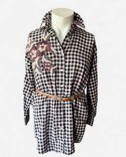 Zara Basic Flannel Shirt Tunic XS Floral Beaded Embroidery Black White Plaid