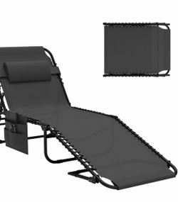 Reclining Backrest Aluminum Folding Lounge Chair,4-Level  Outdoor Lounge Chair, Removable Pillow & Side Pocket Design, Breathable Portable Tanning Cha