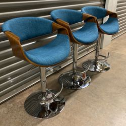 Curvo Adjustable Barstools - Blue Fabric, Walnut Wood & Chrome (Set of 3)