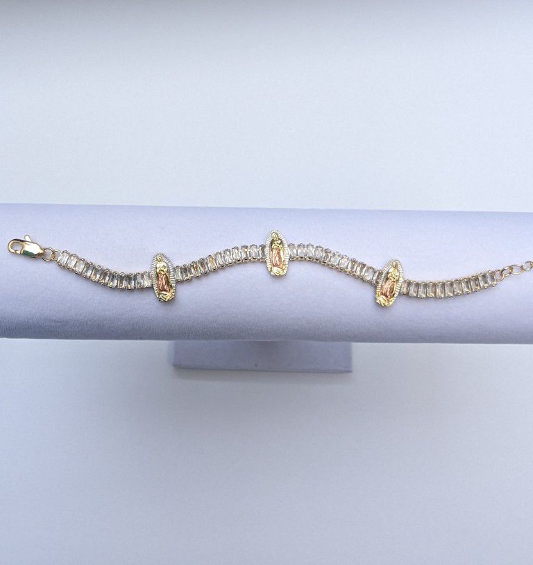 $15- Brand New Women's Rectangular Rhinestone Bracelet with Virgin Mary Charm - 14K Gold Plated Cubic Zirconia Jewelry