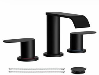 Matte Black Waterfall Bathroom Faucet For Sink 3 Hole 8 Inch Widespread Bathroom Sink Faucets With Pop-Up Drain Supply Lines Stainless Steel 2-Handle 