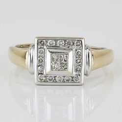 14k Two-tone Gold Princess + Round Cut Diamond Anniversary / Cocktail Ring 