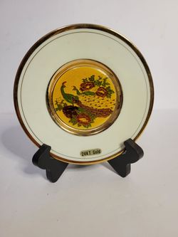 Vintage Japanese Closonne Peacock Floral Decorative Plate 24 KT Gold Accents