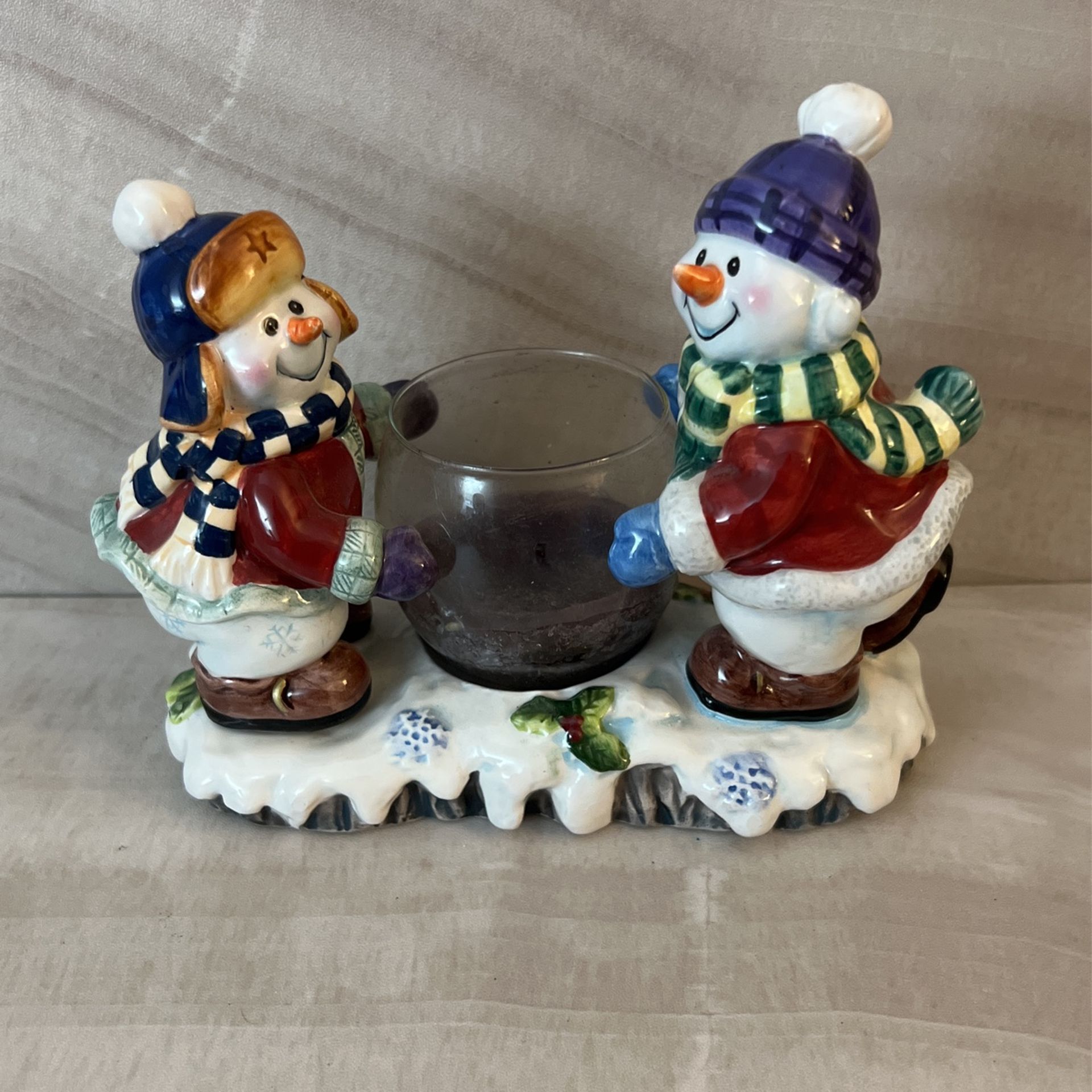 Snowman Winter Christmas Theme Votive Candle Holder Ceramic