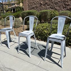 FarmHouse White Brown Vintage Washed Bar Island Metal Chairs Stools - Set 3 