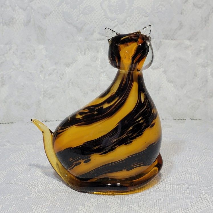 Hand-Blown Murano Style Art Glass Cat Figurine in Amber Brownish Dark Swirl