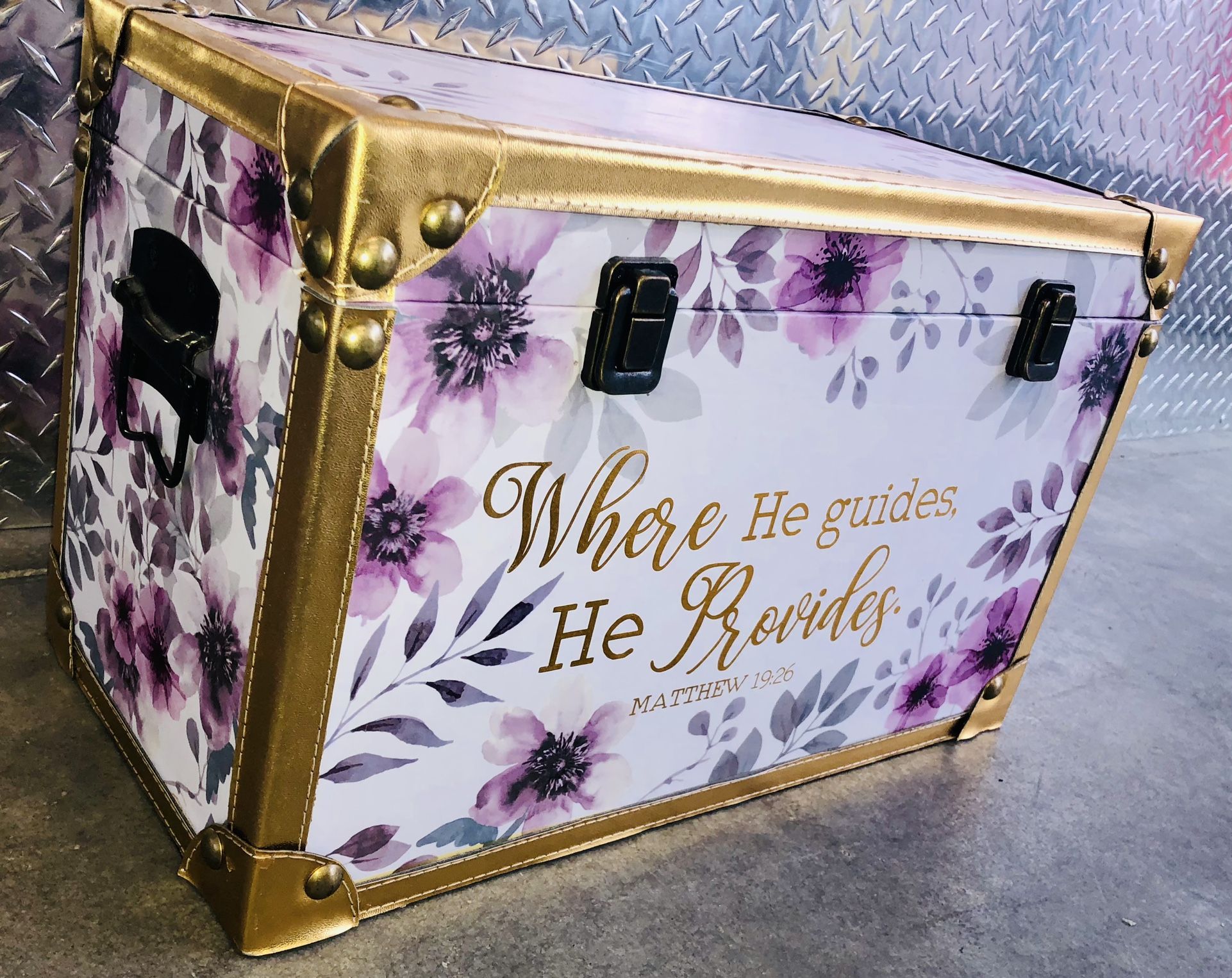 Floral Pink Gold Religious Container Organize Storage Treasure Trunk Gold Accents