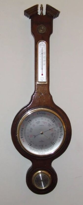 Rare Large Vintage English Gothic Victorian Weather Station Stick Wheel Banjo Wall Barometer & Thermometer