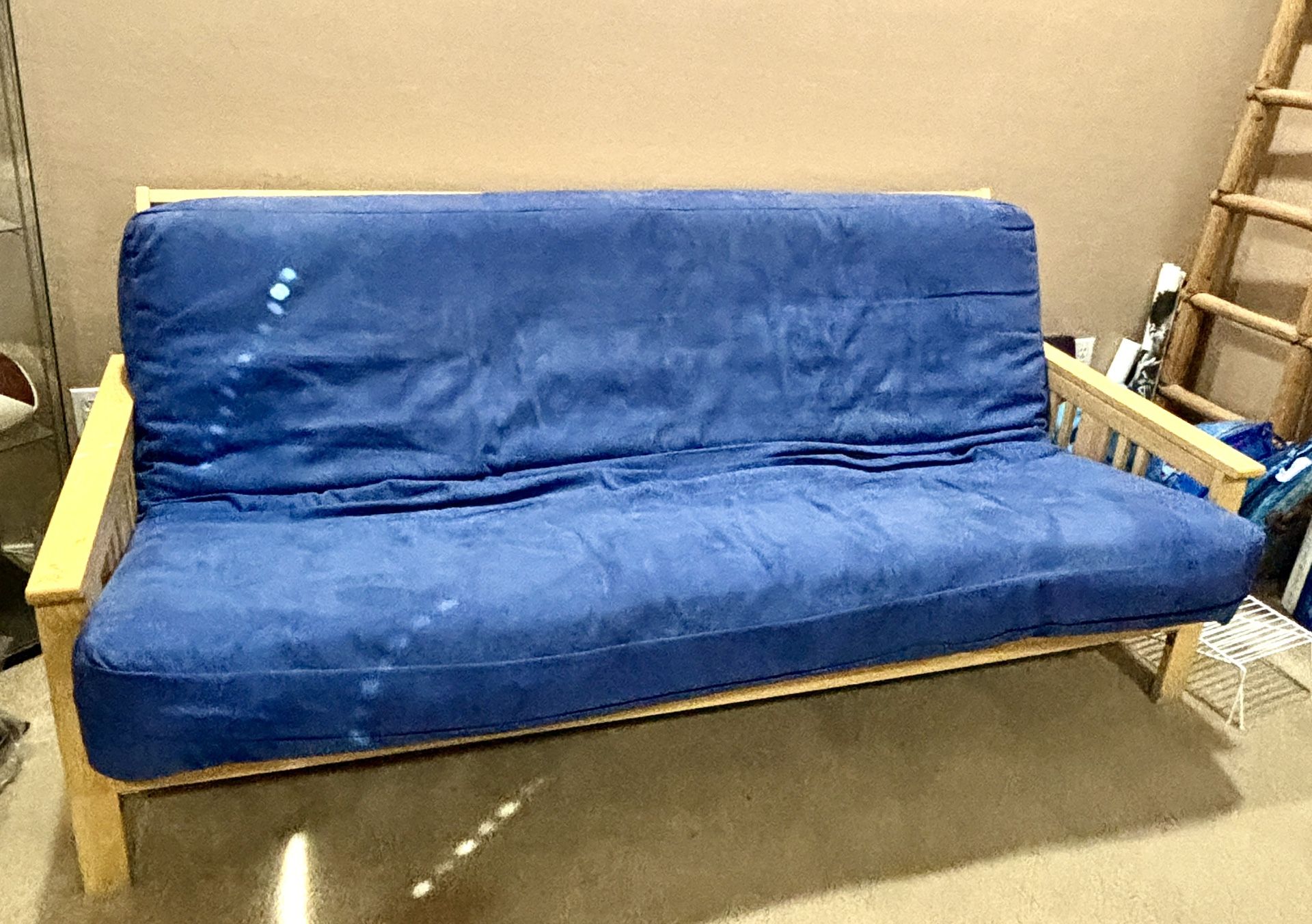 Wood Futon With Blue Mattress