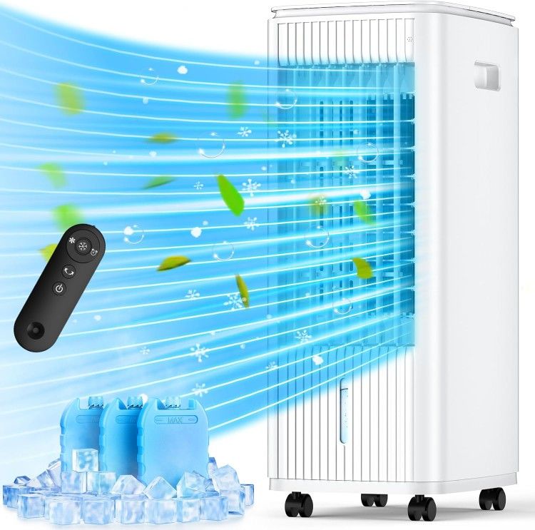25-INCH Evaporative Air Cooler, Swamp Cooler Air Fan w/Double Tanks, Smart Timer, 3 Ice Packs