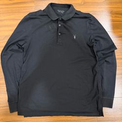 AllSaints Bramford LS Polo Shirt Black Ramskull Men's Small