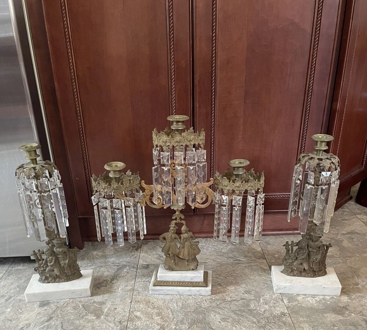 Brass and Crystal Girandole 3 Piece Mantle Candle Holders 1850s