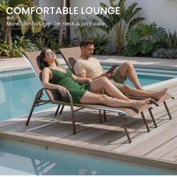 2-Piece Outdoor Chaise Lounge Metal Lounge Chair with Adjustable Backrest and Armrests in Brown