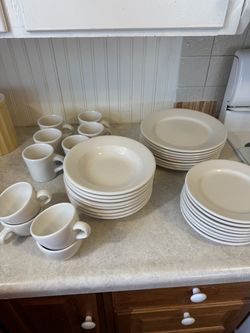 Huge lot of 40 pcs off  white Buffalo China dinner, salad plates, bowls and cups