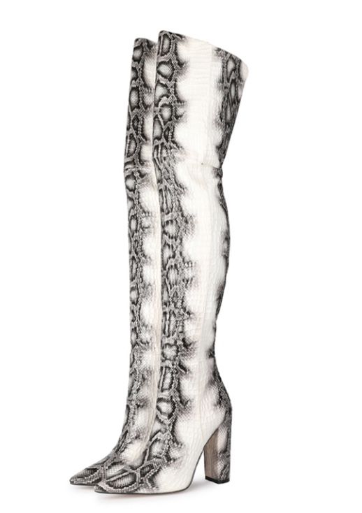 Black&White Python Pattern Block Heel Zip Thigh High Boots