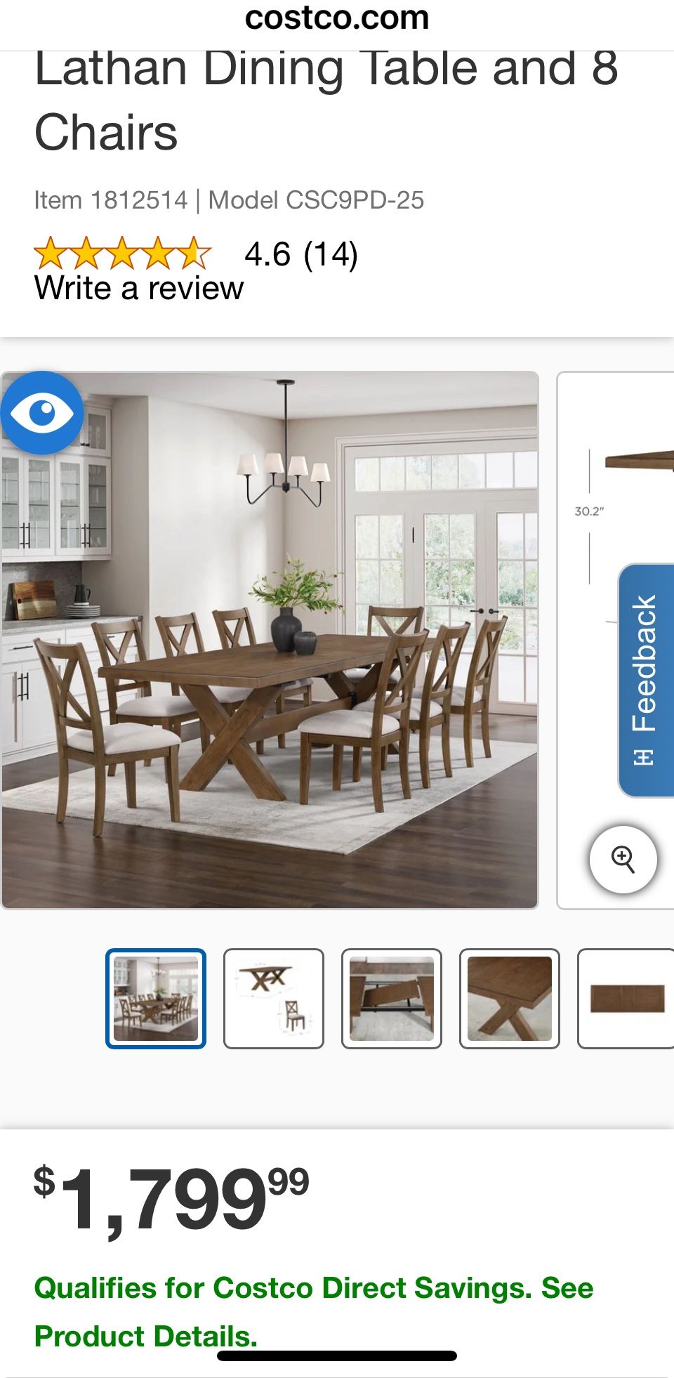 Costco Dining Table with Eight Chairs Original Price $1800