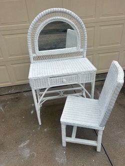 Wicker Vanity, Mirror, and Chair