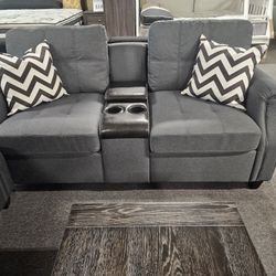 Brand New 73" x 32"D Gray Loveseat With Power Outlets And Cup Holders