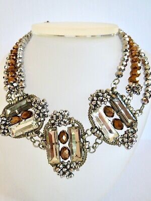 Dramatic STATEMENT NECKLACE Silver Tone Triple Crystal Segments 