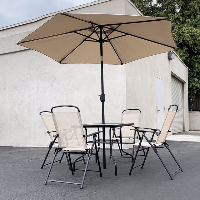 New $220 Outdoor 6pcs Patio Set with 32x32” Table, 4pc Folding Chairs and 9ft Tilt Umbrella 