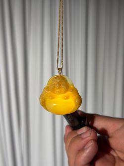 Golden Yellow Jadeite Laughing Buddha Pendant – Grade A – 18K Gold Bail