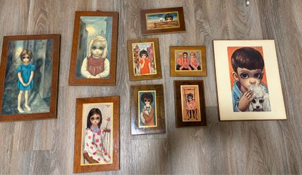 Vintage Walter Keane wide eye art from the 1960’s. Collection of 12 pieces. 9 are pressed wood. Others wood frames one set with glass front.