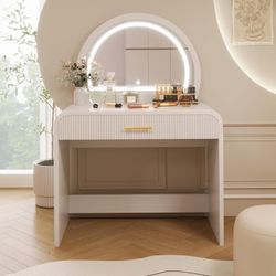 39" Wide White Curved Edge Vanity / Writing Desk w/ Drawer [LED MIRROR NOT INCLUDED]  **NEW** <Retails for $300