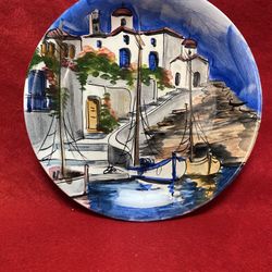 8.25 Inch Handmade Hand Painted Blue Ceramic Wall Hanging Plate Imported From Greece 