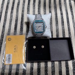 Iced Out Blue Stone Watch & Earrings Set Moissanite
