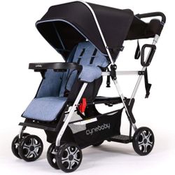 Sit and Stand Double Stroller with Bench Seat and Standing Platform, Plentiful Storage, Auto-Lock Quick-Fold, and Extended Sun Canopy,