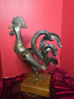 MCM Brutalist Welded Rooster Sculpture on wooden base  ( PEDRO CERVANTES?) 21.5"