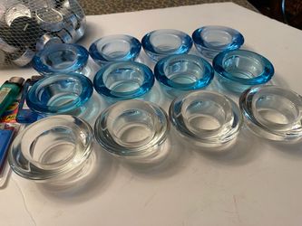 (12) Pottery Barn Lagoon Assorted Colorful Heavy Colorful Glass Tea Candle Votives Plus 25 Pack Tea Candles and Lighters