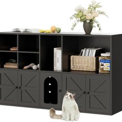 New Cat Litter Box Enclosure for 2 Cats, Litter Box Furniture Hidden w/Double Room, Cat House, Black