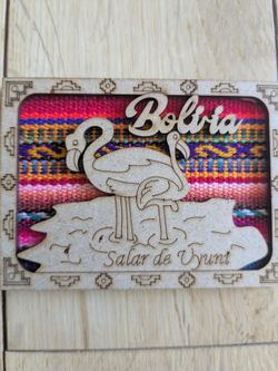 Bolivia Salar De Uyuni Wooden Fridge Magnet Handmade Local Wood & Fabric 4"x2.5". Flamingos! 