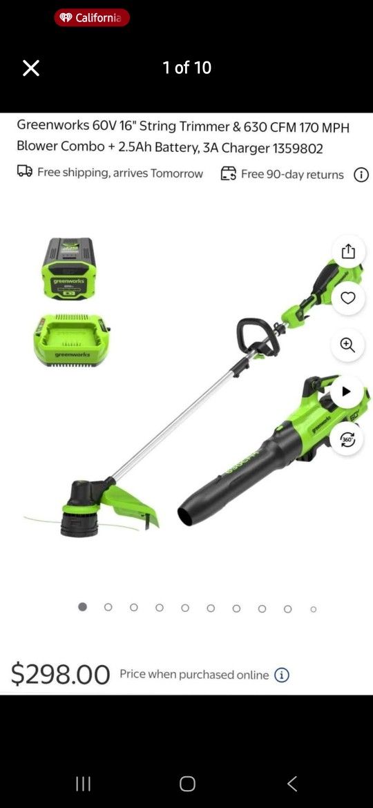 Greenworks 60V 16" String Trimmer & 630 CFM 170 MPH Blower Combo + 2.5Ah Battery, 3A Charger 1359802