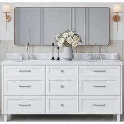 Ariel Monroe 72” Double Sink Bathroom Vanity – White w/ Crack in Carrara Marble Top Delivery Avail